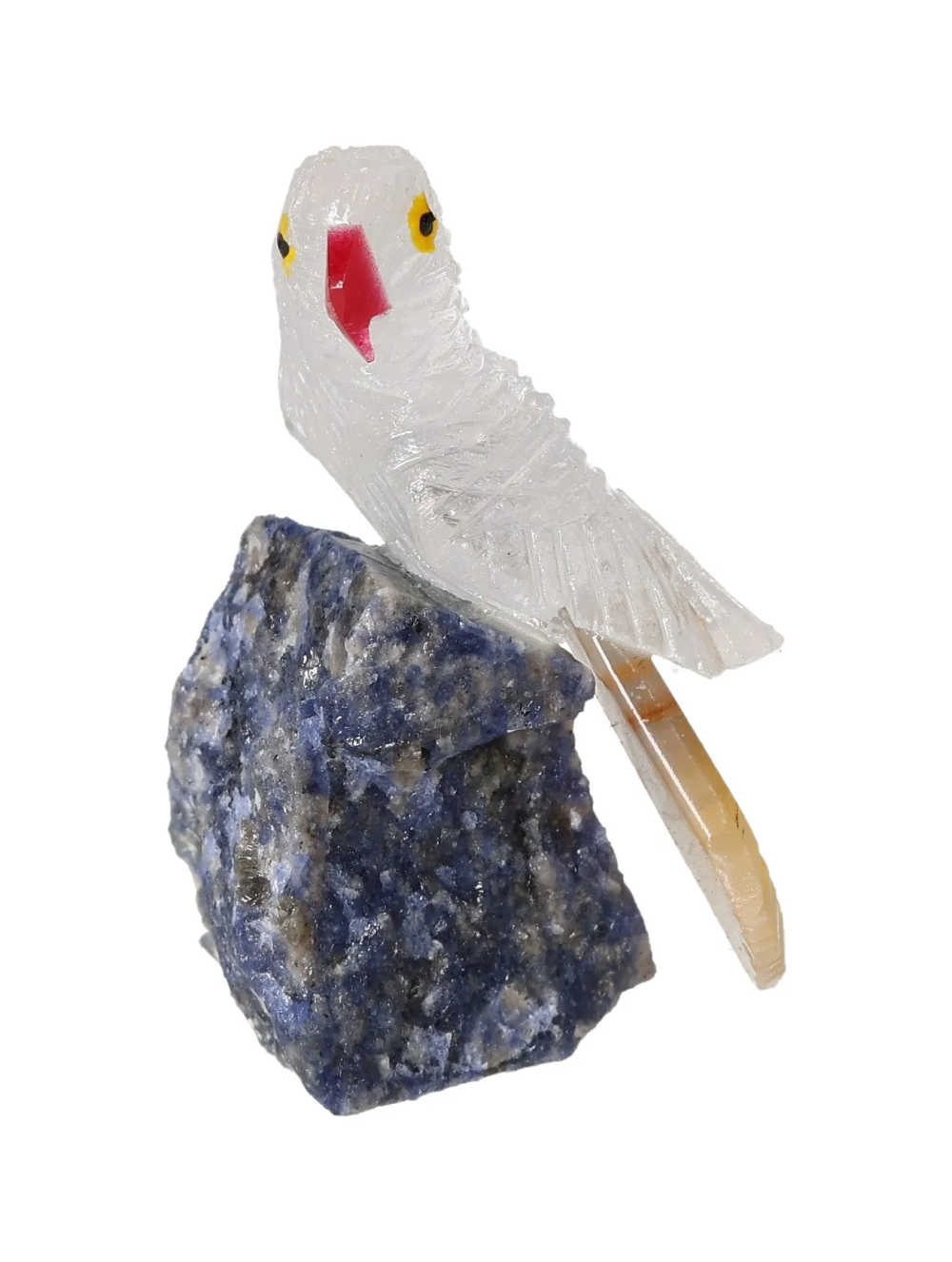 Rock Quartz Parrot On Sodalite 636346 sculpture showcasing creative energy and clear thinking benefits.