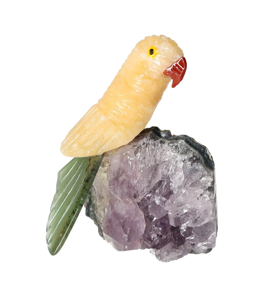 Yellow Calcite Parrot On Quartz 636414 sculpture displaying intricate craftsmanship and spiritual properties for chakra and zodiac harmony.