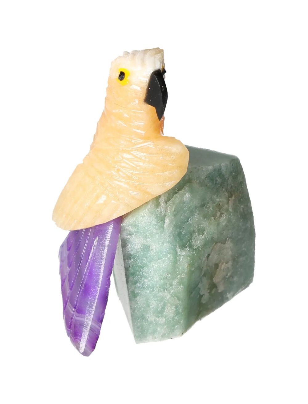 Yellow Calcite Parrot On Quartz 636421 sculpture with vibrant colors and spiritual properties, featuring unique quartz characteristics.