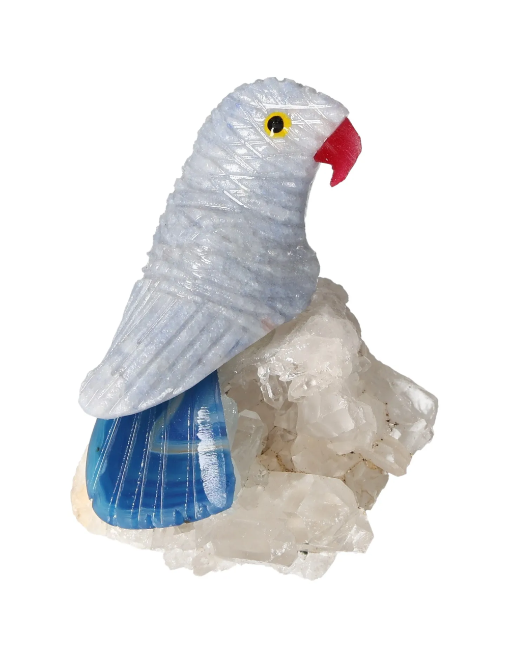 Sculpted Aventurine Parrot On Quartz 636452 figurine showcasing energetic and spiritual properties of quartz and aventurine.