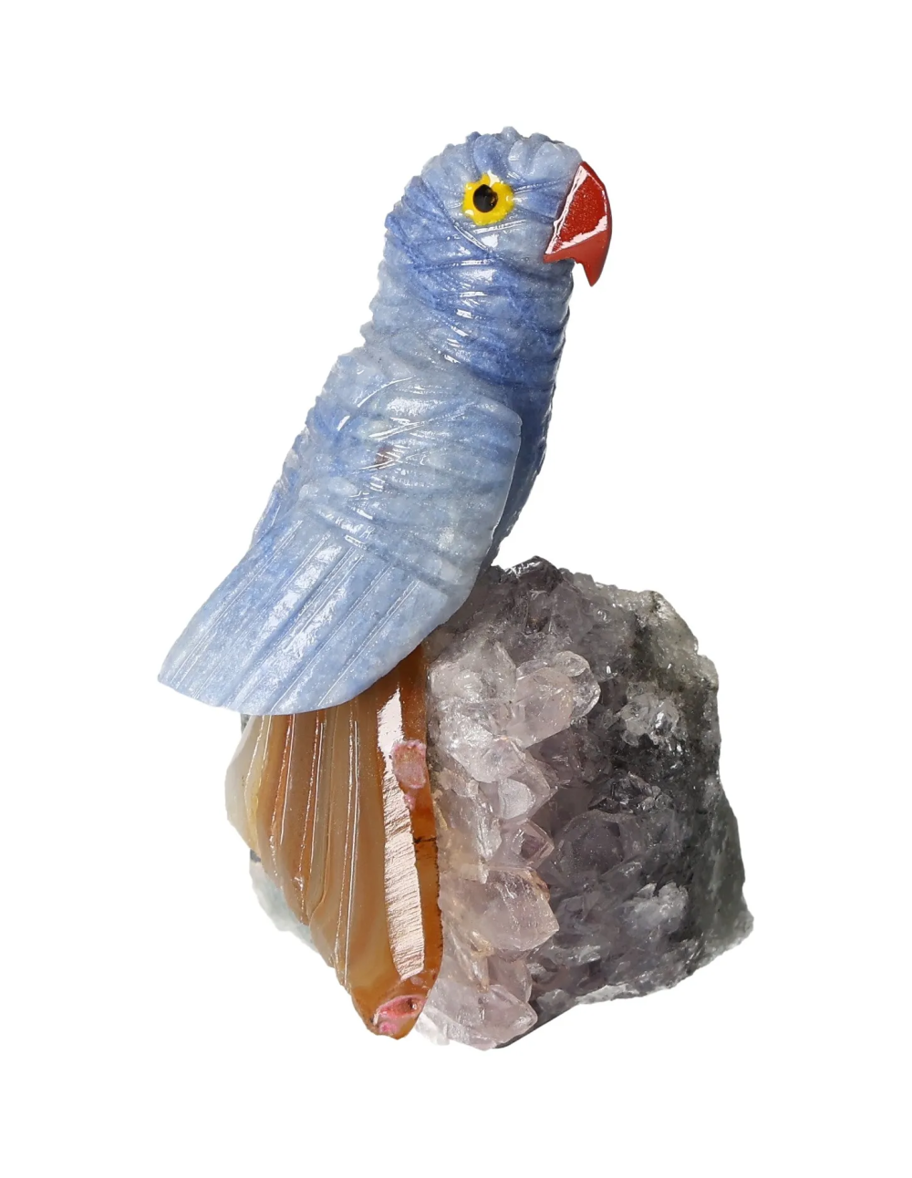 Aventurine Parrot On Quartz 636452 sculpture with vibrant hues, embodying energetic and spiritual qualities linked to chakras and zodiac signs.
