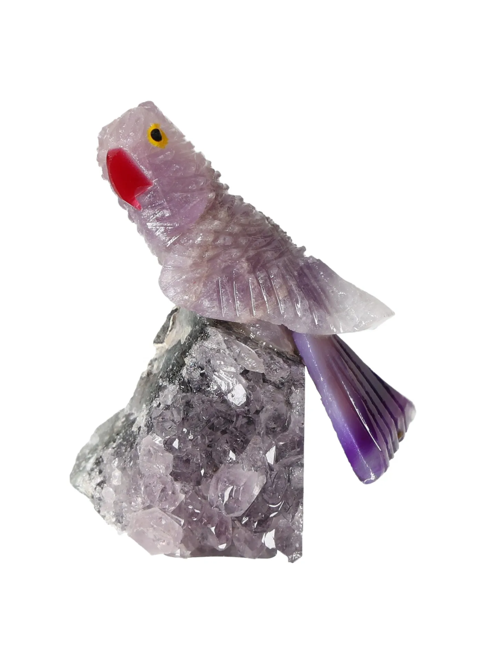 Amethyst Parrot On Quartz 636469 sculpture featuring vibrant colors and intricate design, enhancing chakra and zodiac energy alignment.