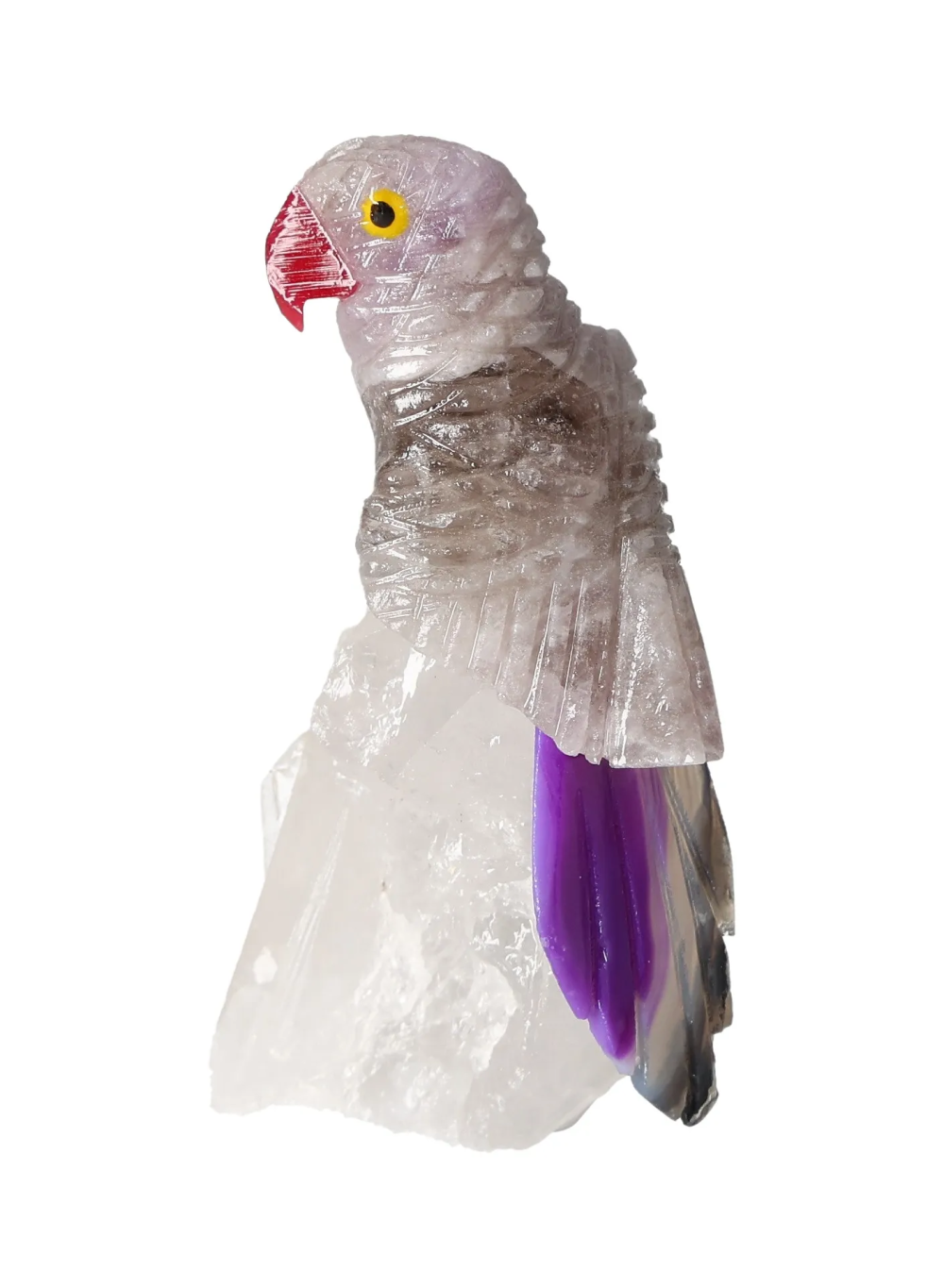 Amethyst Parrot On Quartz 636469 sculpture combining vibrant quartz varieties for chakra and zodiac energy alignment.