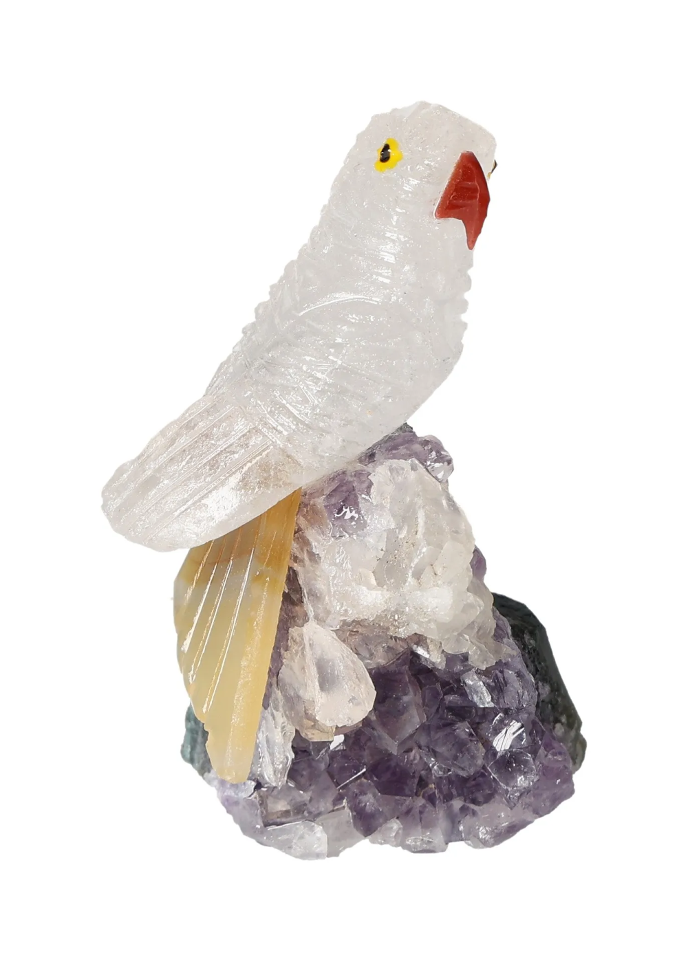 Rock Quartz Parrot On Quartz 636513 crystal sculpture with distinct energetic properties and chakra associations.