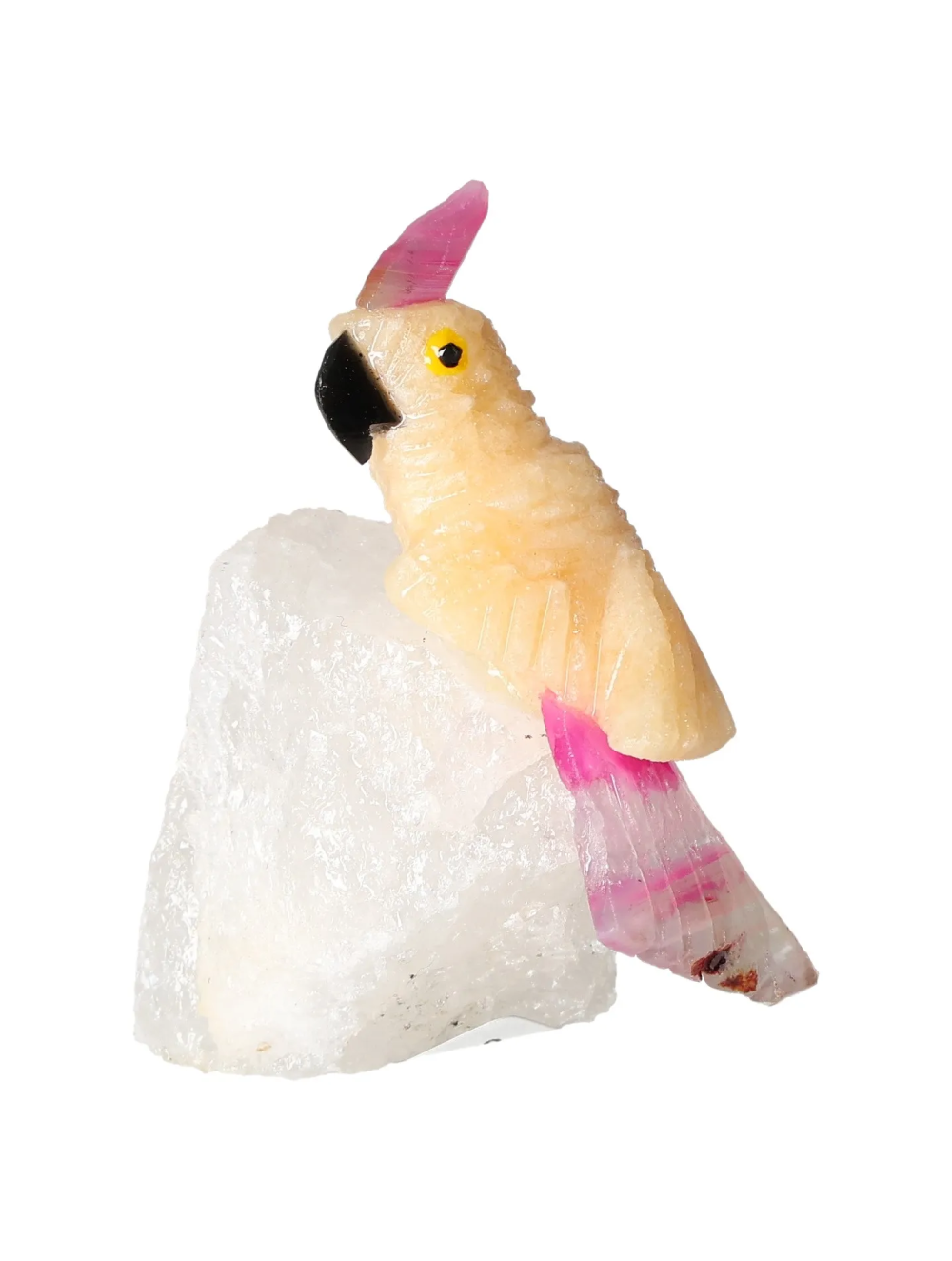 Yellow Calcite Parrot On Quartz 636537 sculpture with vibrant colors and spiritual properties, ideal for chakra alignment and zodiac energy support.