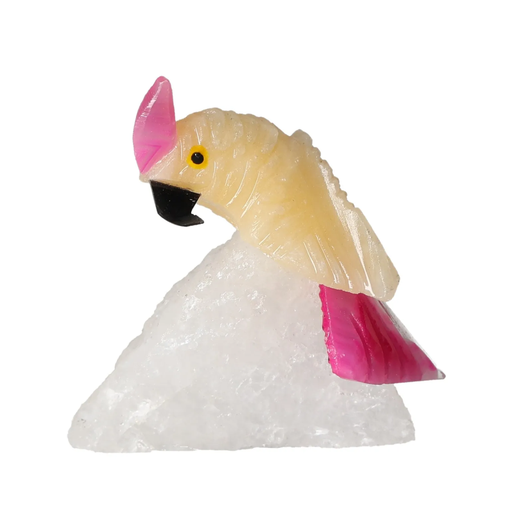 Yellow Calcite Parrot On Quartz 636582 sculpture emphasizing energetic properties and chakra alignment