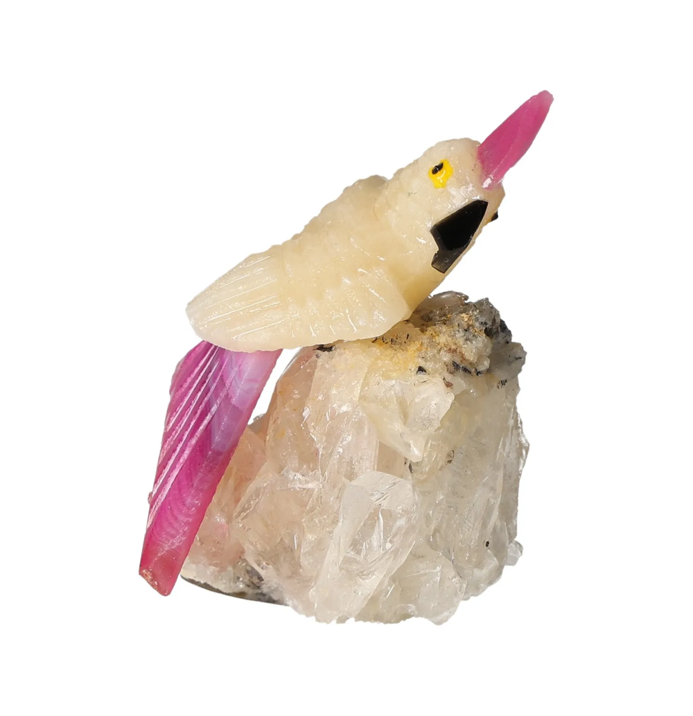 Yellow Calcite Parrot On Quartz 636582 sculpture with vibrant colors, symbolizing unique energetic properties and spiritual significance.