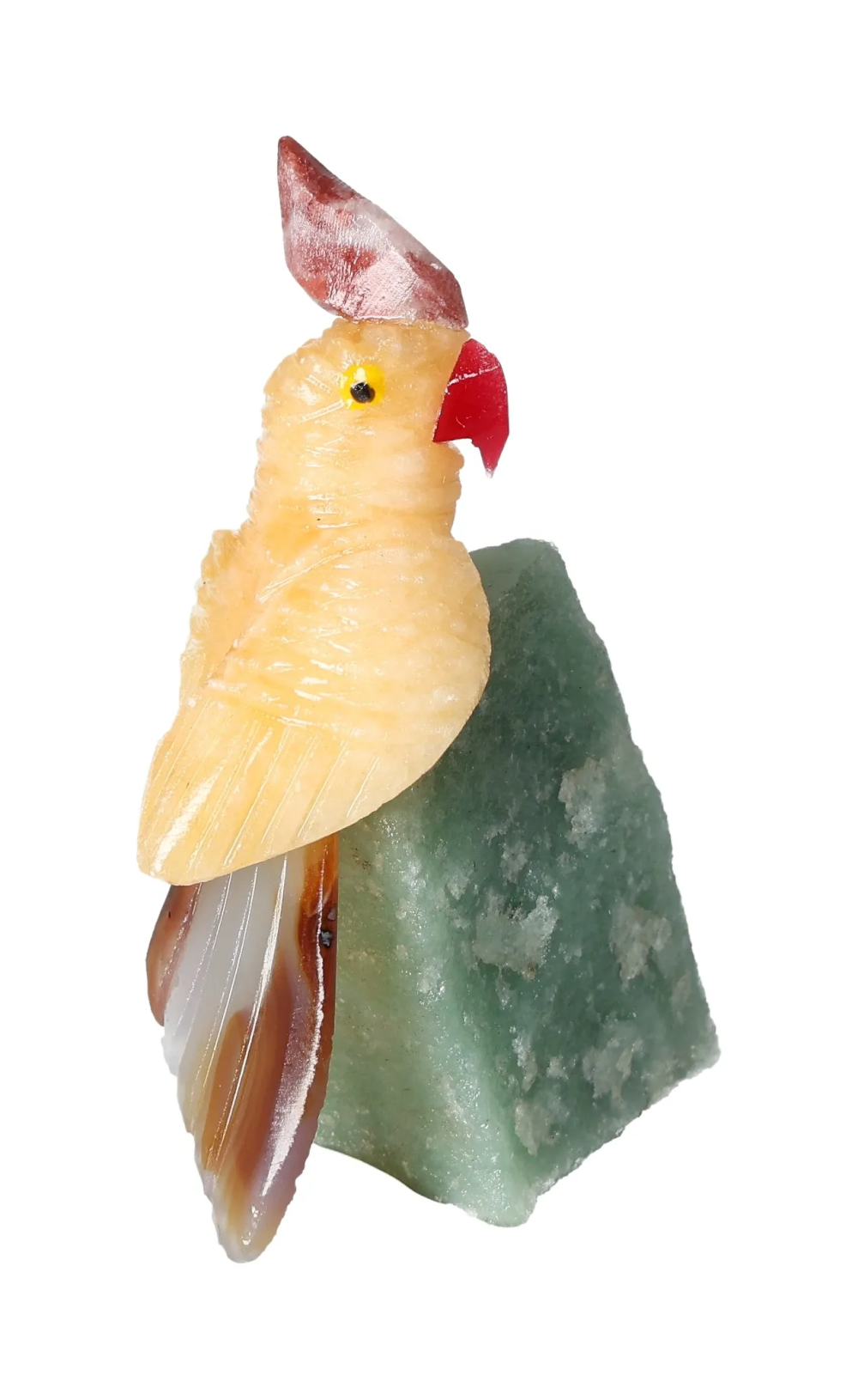 Yellow Calcite Parrot On Quartz 636612 sculpture showcasing unique quartz properties and spiritual benefits.