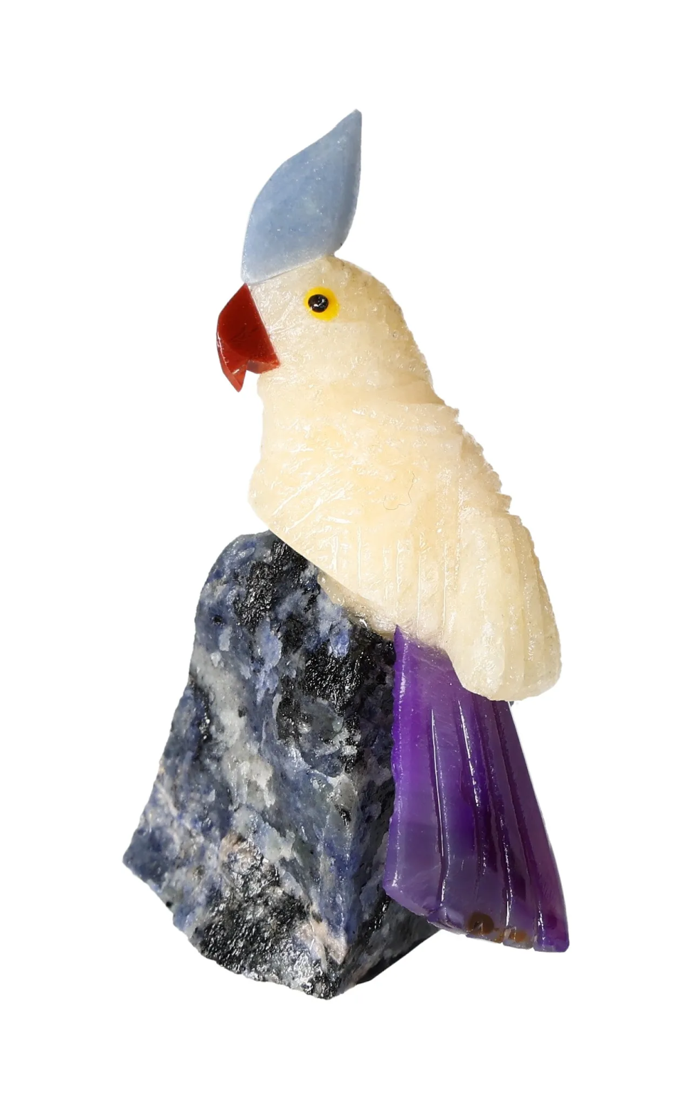 Yellow Calcite Parrot On Sodalite 636629 sculpture, symbolizing creativity and clear thinking.