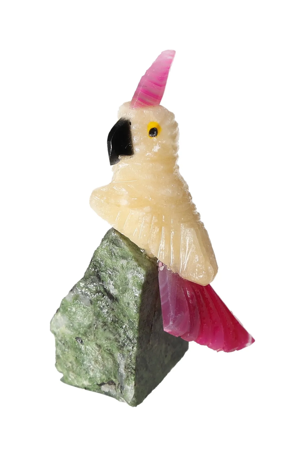 Yellow Calcite Parrot On Fuchsite 636643, heart-centered healing sculpture with spiritual and emotional growth properties