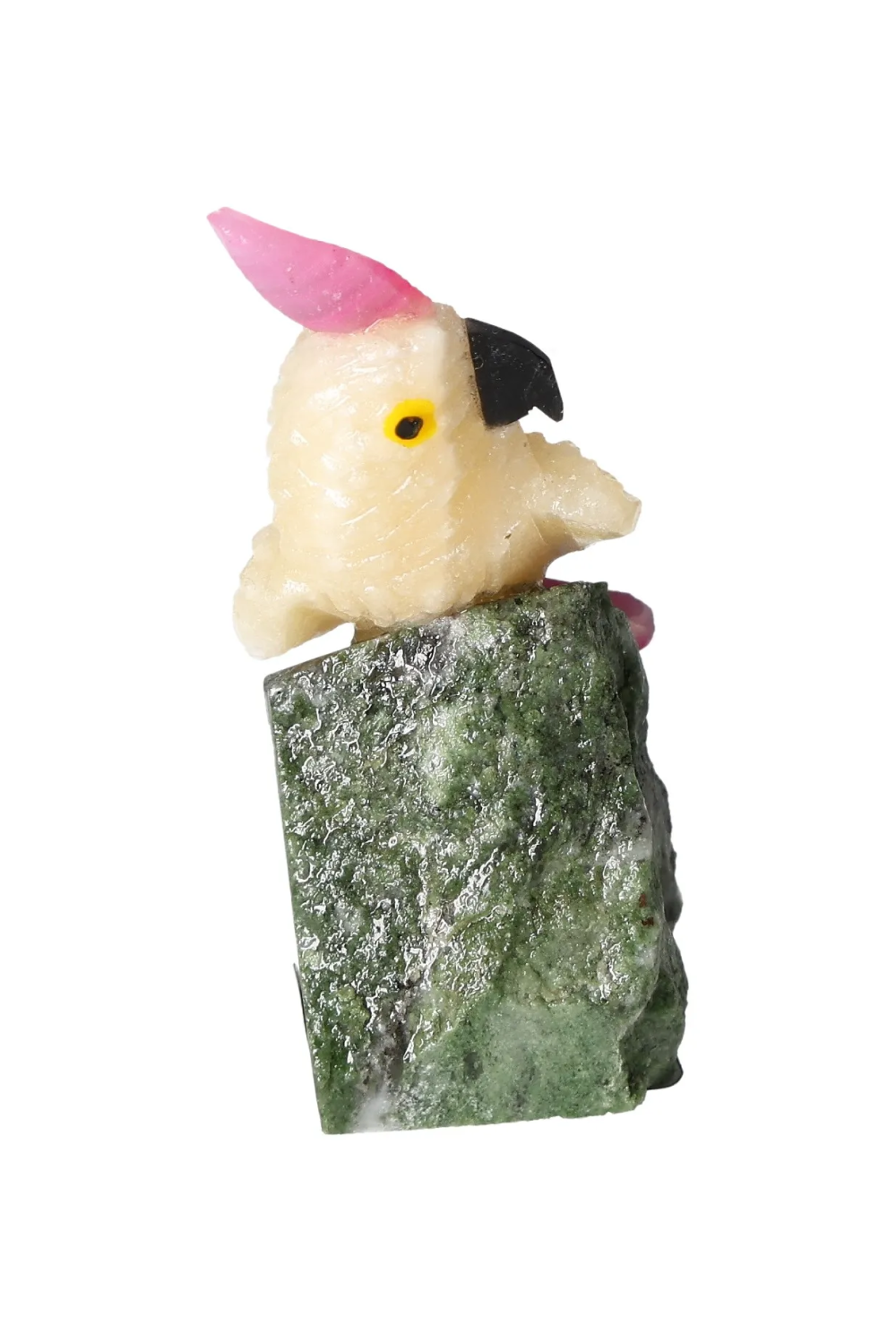 Yellow Calcite Parrot On Fuchsite 636643 sculpture depicting a parrot, highlighting its emotional healing energy and spiritual growth properties.
