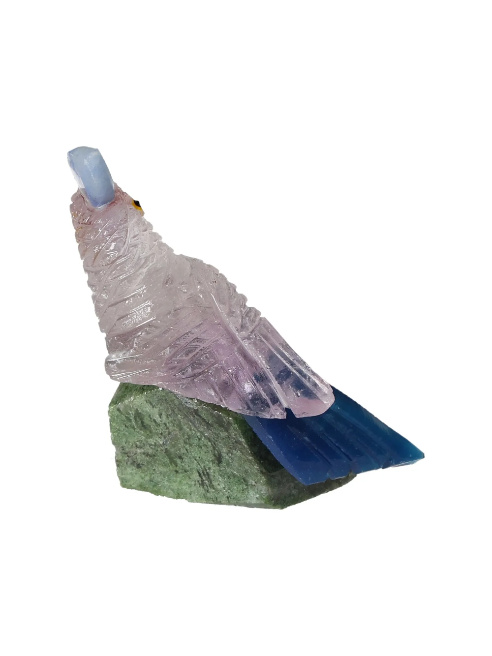 Amethyst Parrot On Fuchsite 636650 perched on sparkling green fuchsite, known for healing and spiritual growth.