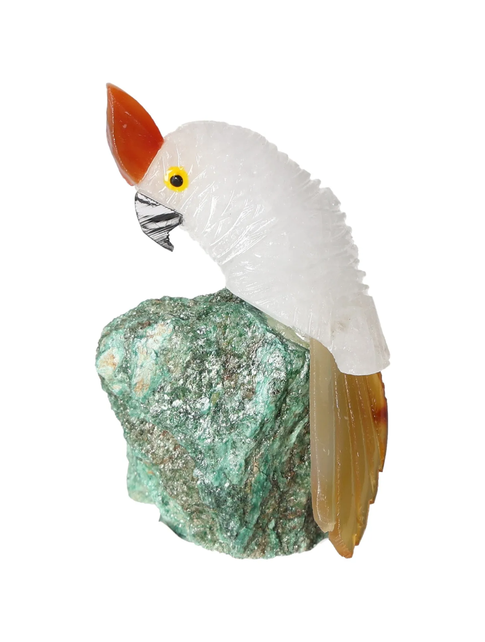 Milky Quartz Parrot On Fuchsite 636674 with green sparkling fuchsite, promoting healing and spiritual growth.