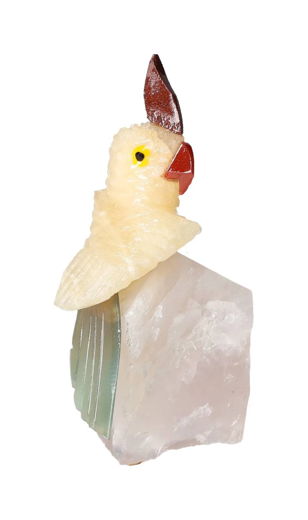 Yellow Calcite Parrot On Quartz 636681 sculpture with spiritual and energetic properties, featuring a unique color and design.