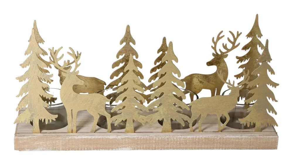 Gold Advent arrangement with tealight holder in a winter forest design featuring deer and trees, made from wood, metal, and glass.