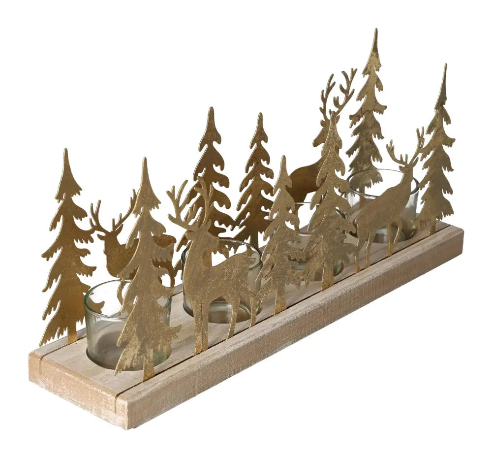 Gold winter forest tealight holder with wood, metal, glass, and deer design; perfect for elegant holiday decor.
