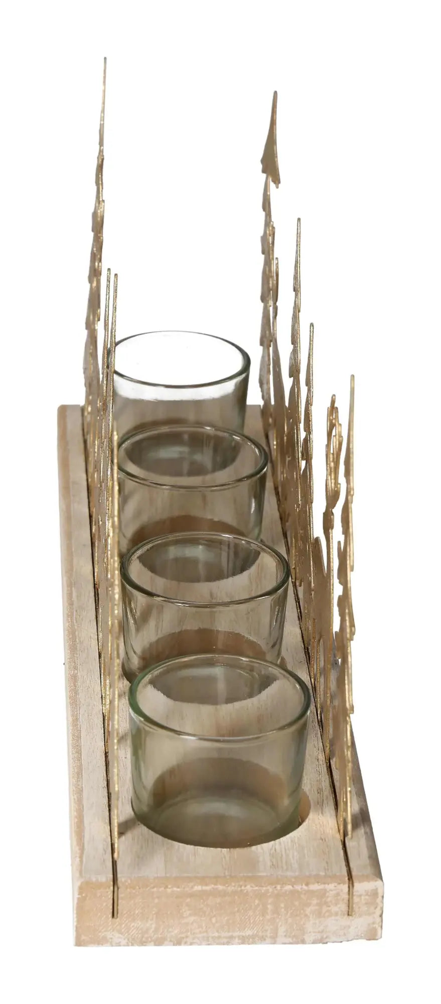 Advent arrangement with tealight holder in gold winter forest design, featuring wood, metal, and glass elements.