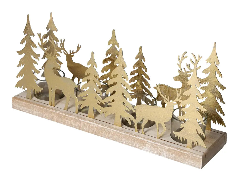 Gold winter forest tealight holder with deer silhouette, crafted from wood, metal, and glass, blending natural elegance and luxury.