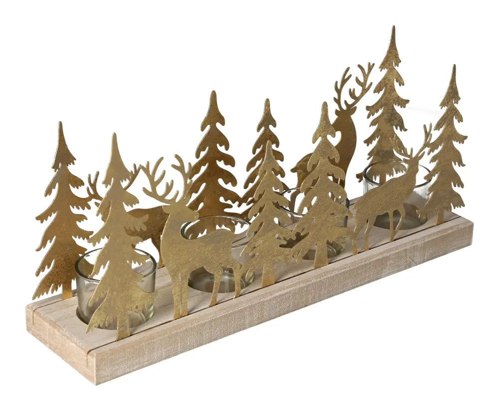 Gold winter forest design tealight holder with wooden base, featuring metal trees and deer silhouettes by Sylvia Crystals.