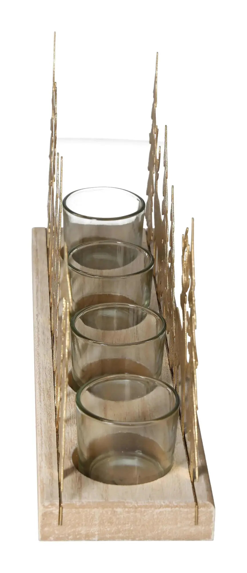 Advent Arrangement with Tealight Holder in Gold Winter Forest Design, made of wood, metal, and glass, by Sylvia Crystals.