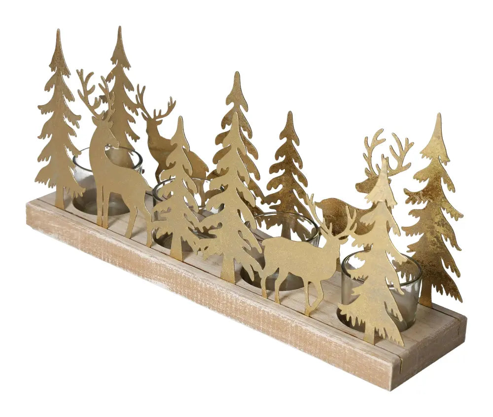 Gold Advent arrangement with tealight holder, featuring winter forest design of wooden and metal trees and deer figures.