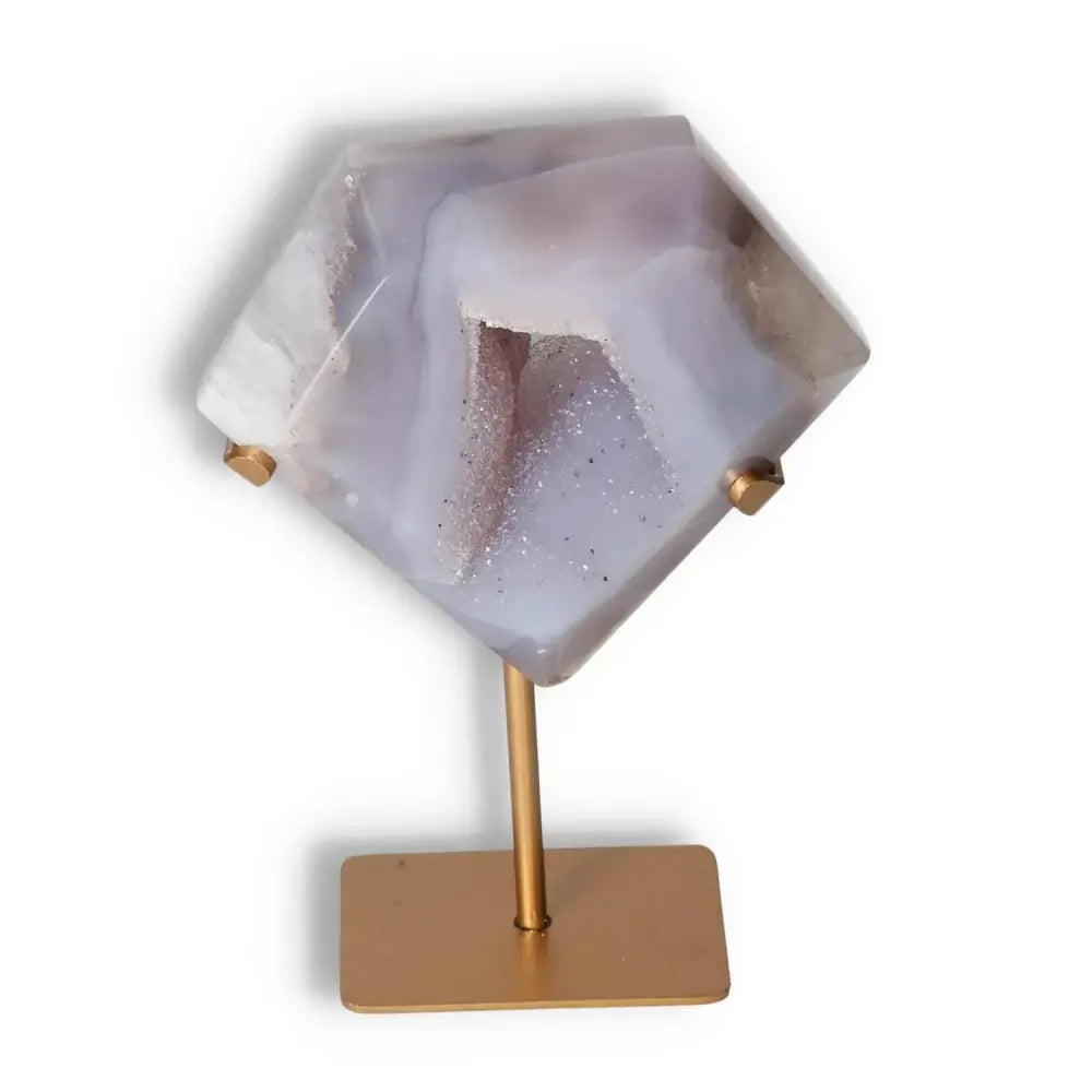 Exquisite handcrafted agate decoration on stand with natural patterns, perfect for home decor and showcasing nature's beauty.