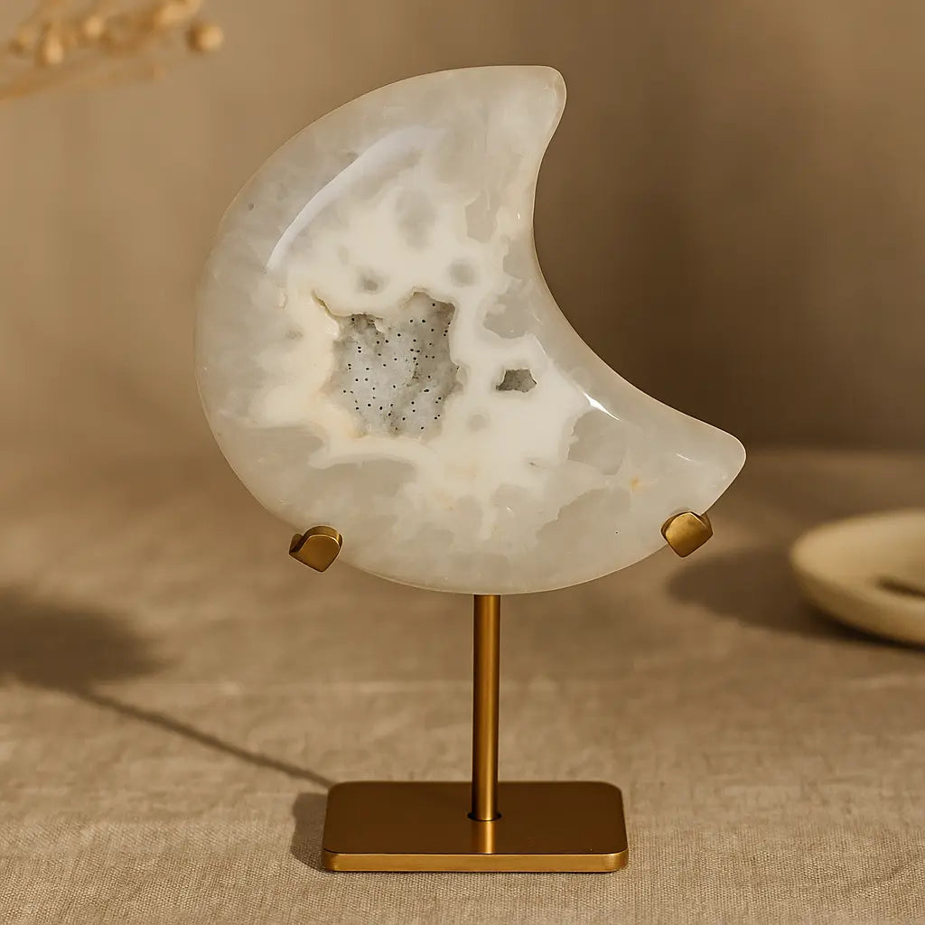 Agate Lunar Crescent in White with Light Beige Accents, Mounted on Stand Sylvia Crystals Sp. z o.o.