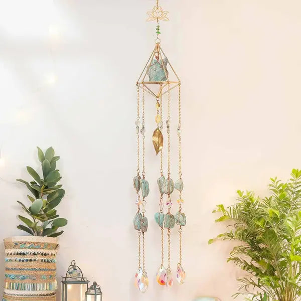 Amazonite Bloomscape Suncatcher with crystals, providing harmony and a calming ambiance, beautifully displayed with greenery.