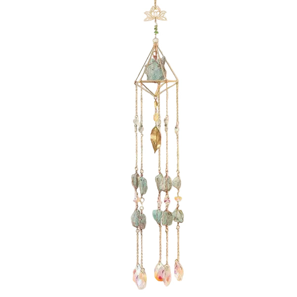 Amazonite Bloomscape Suncatcher with crystals, providing harmony and a calming ambiance, beautifully displayed with greenery.