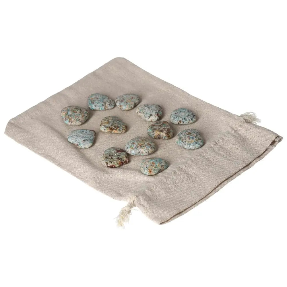 Amazonite small heart stones on a cloth pouch, promoting harmony, balance, and a calming effect for emotional security.