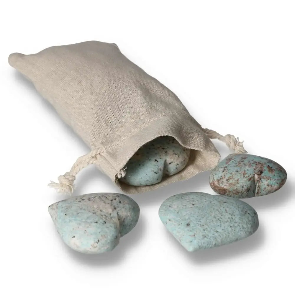 Alt Tag: Amazonite heart stones with calming turquoise and green hues, enhancing emotional balance and inner connection.