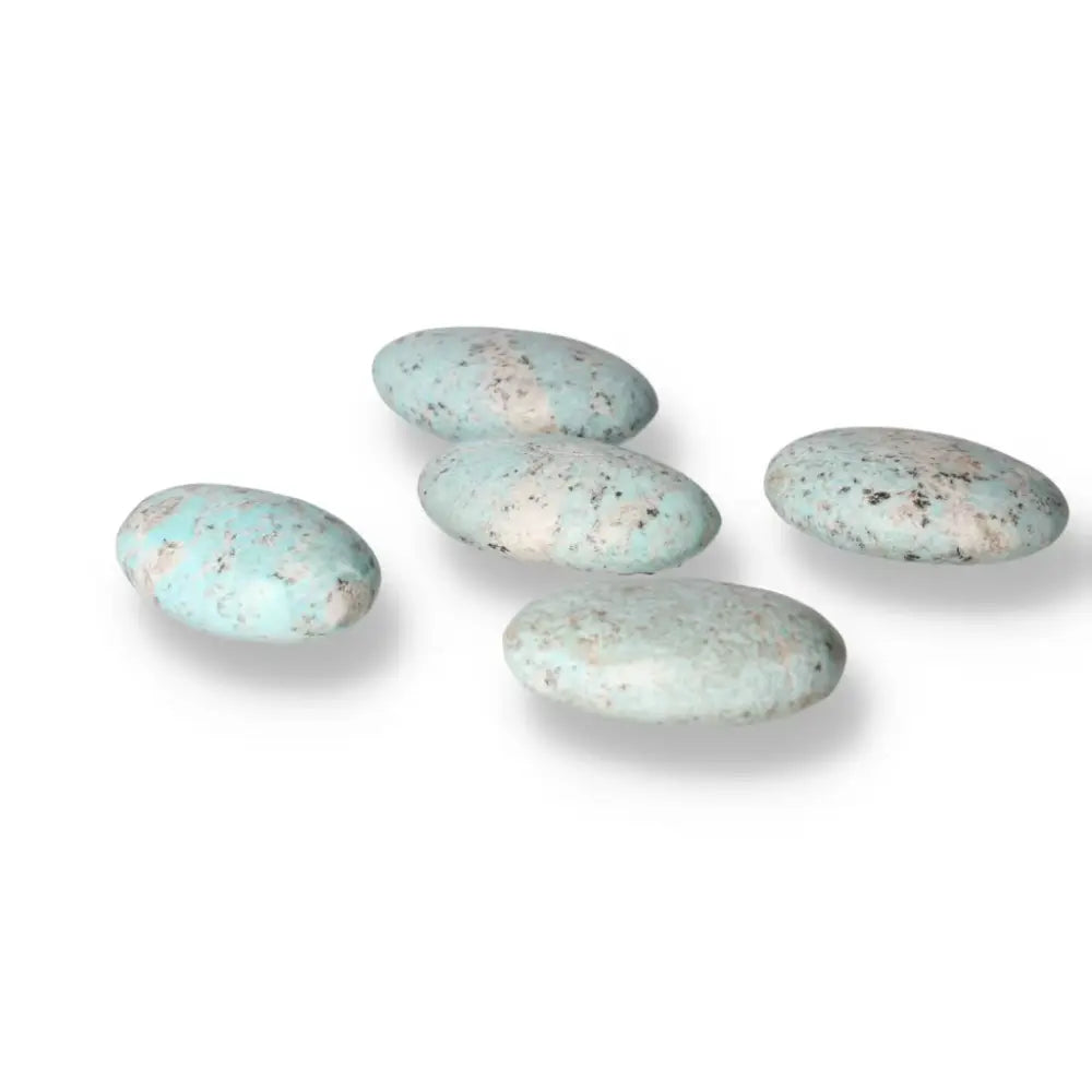 Five calming turquoise Amazonite palm stones for emotional balance and clear communication, enhancing inner connection.
