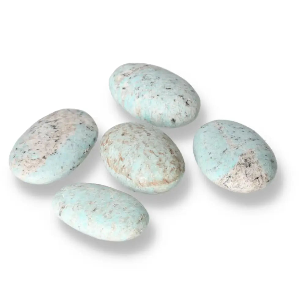 Amazonite palm stones in turquoise-green shades, promoting emotional balance and clear communication.