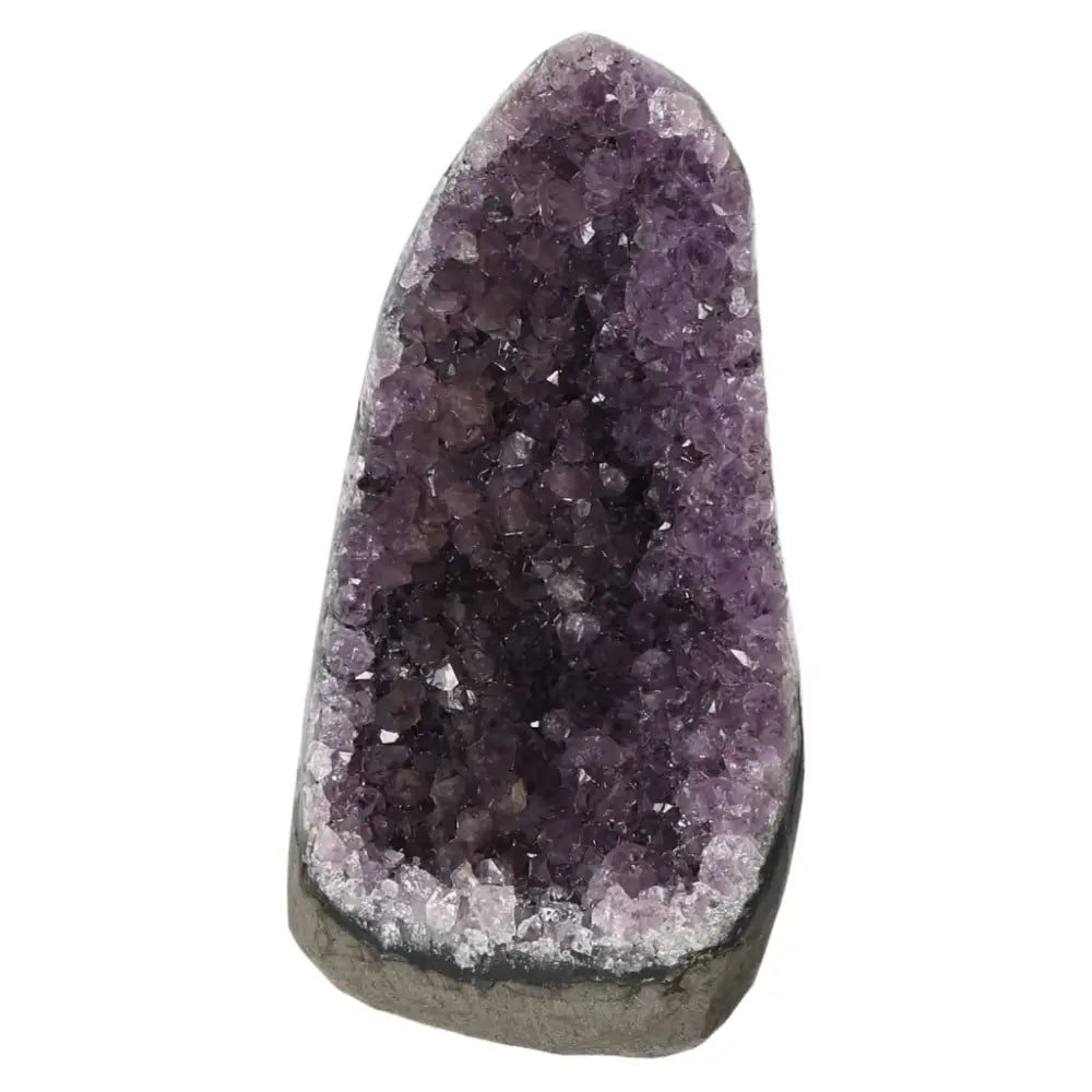 Amethyst Cut Base Geode with vibrant purple crystals, embodying luxury and spiritual energy from Sylvia Crystals.