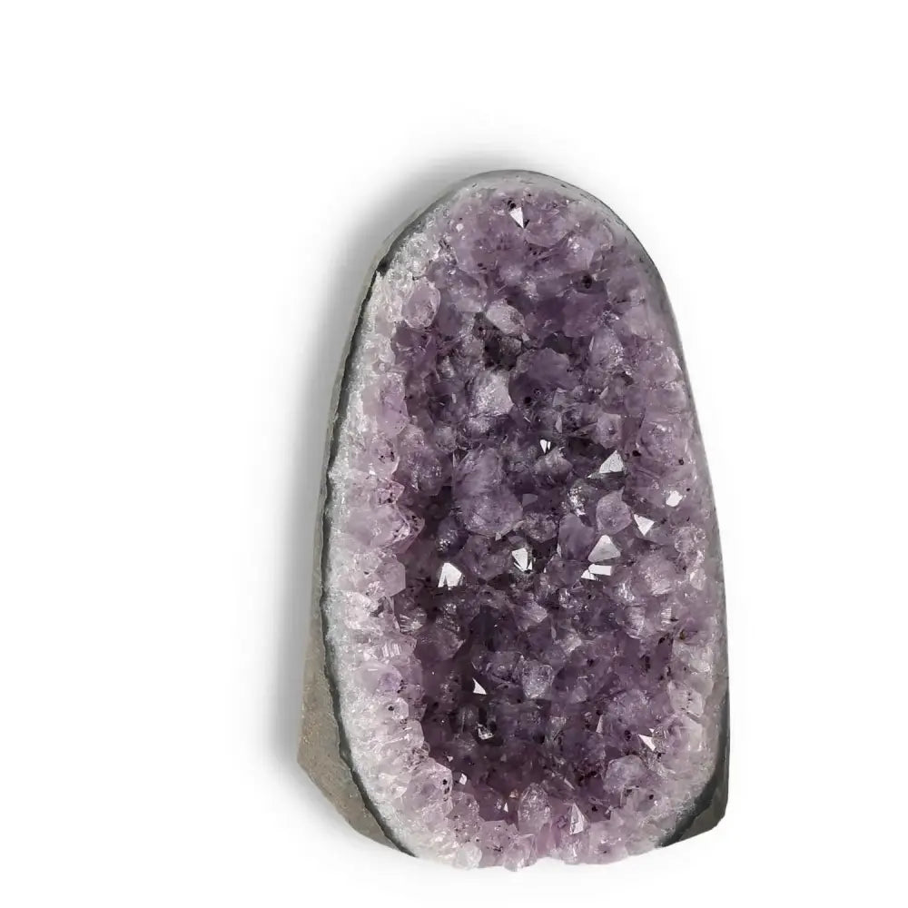 Amethyst Cut Base Geode with vivid purple crystals, showcasing luxury and spirituality from Sylvia Crystals.