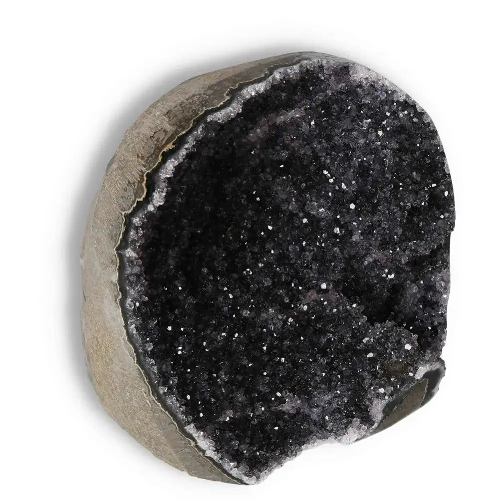 Amethyst Cut Base Geode with shimmering crystals, perfect for home decor and promoting emotional stability and focus.