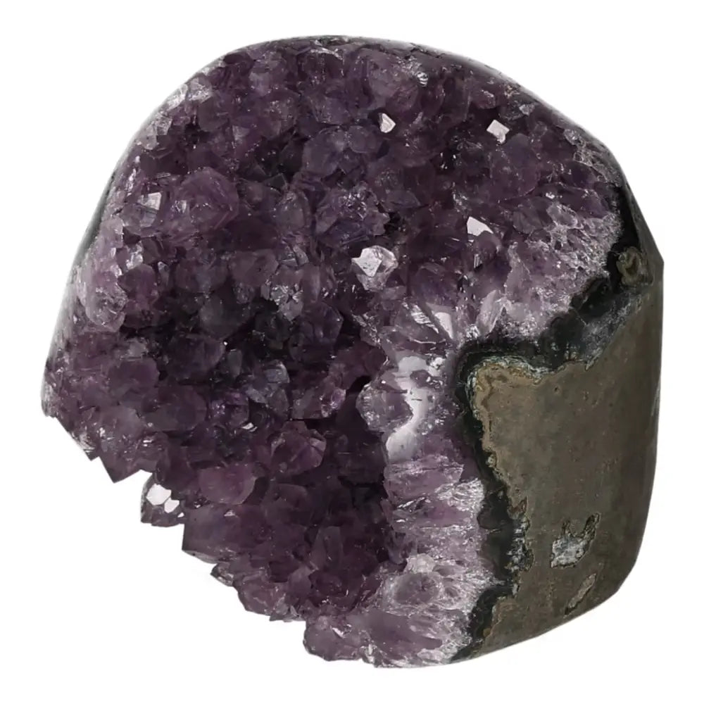 Amethyst Cut Base Geode with vibrant purple crystals from Sylvia Crystals, known for stress relief and energy enhancement.