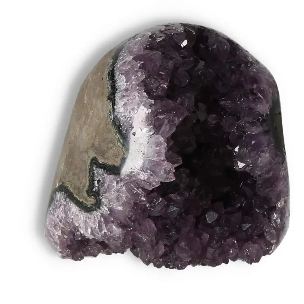 Amethyst Cut Base Geode from Sylvia Crystals, showcasing deep purple crystals known for stress relief and emotional stability.