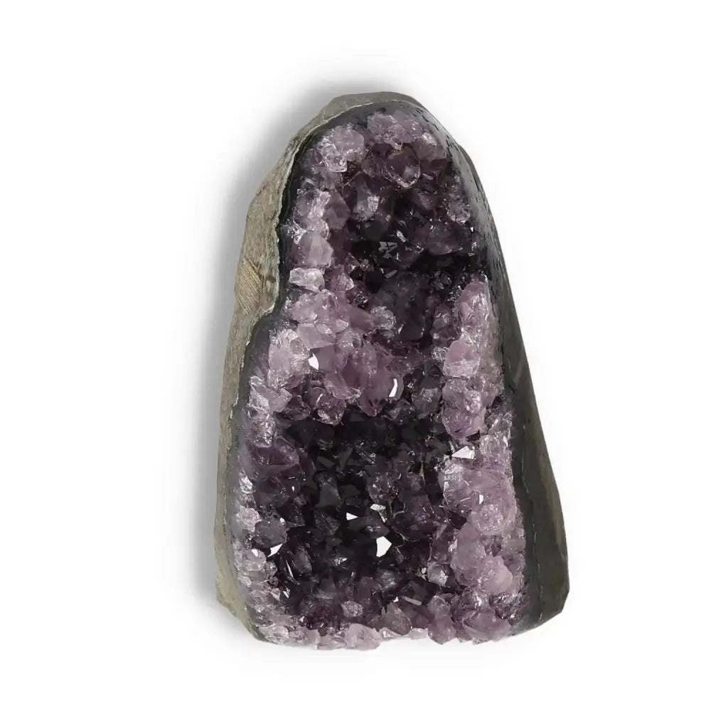 Amethyst Cut Base Geode from Sylvia Crystals, featuring vivid purple crystals, known for reducing stress and boosting energy.
