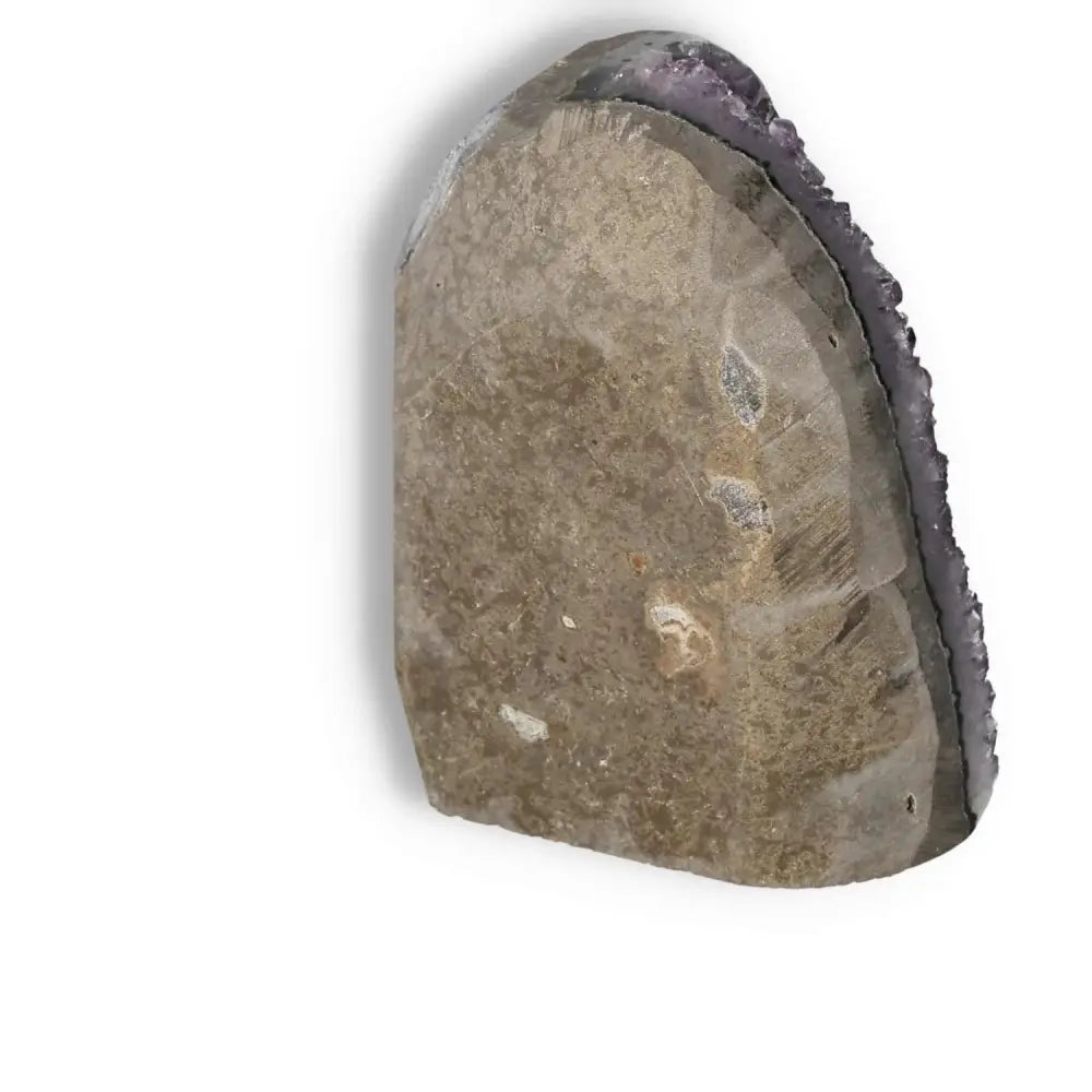 Amethyst Cut Base Geode from Sylvia Crystals showcasing a natural earthy back and shimmering purple crystals. Perfect for luxury decor.