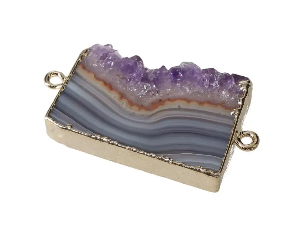 Rectangular amethyst slice connector pendant with purple crystals and gold edges, ideal for jewelry making and crafting.