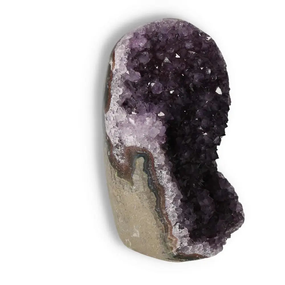Exquisite Amethyst cut base geode from Sylvia Crystals, showcasing luxury and spirituality benefits like stress reduction and focus.