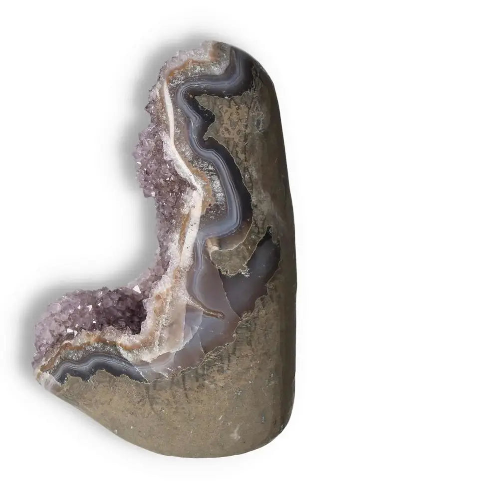 Amethyst cut base geode showcasing natural purple crystal formations from Sylvia Crystals, perfect for energy and concentration enhancement.