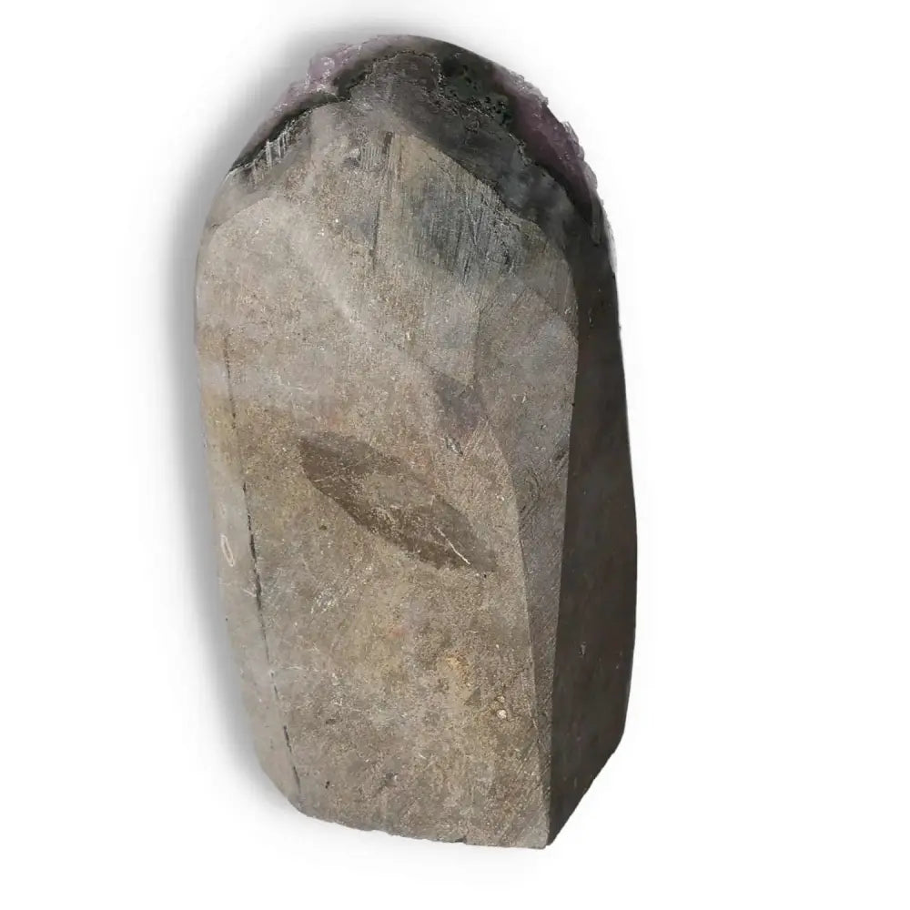 Amethyst cut base geode from Sylvia Crystals, enhancing emotional stability and stress reduction with revitalizing energy boost.