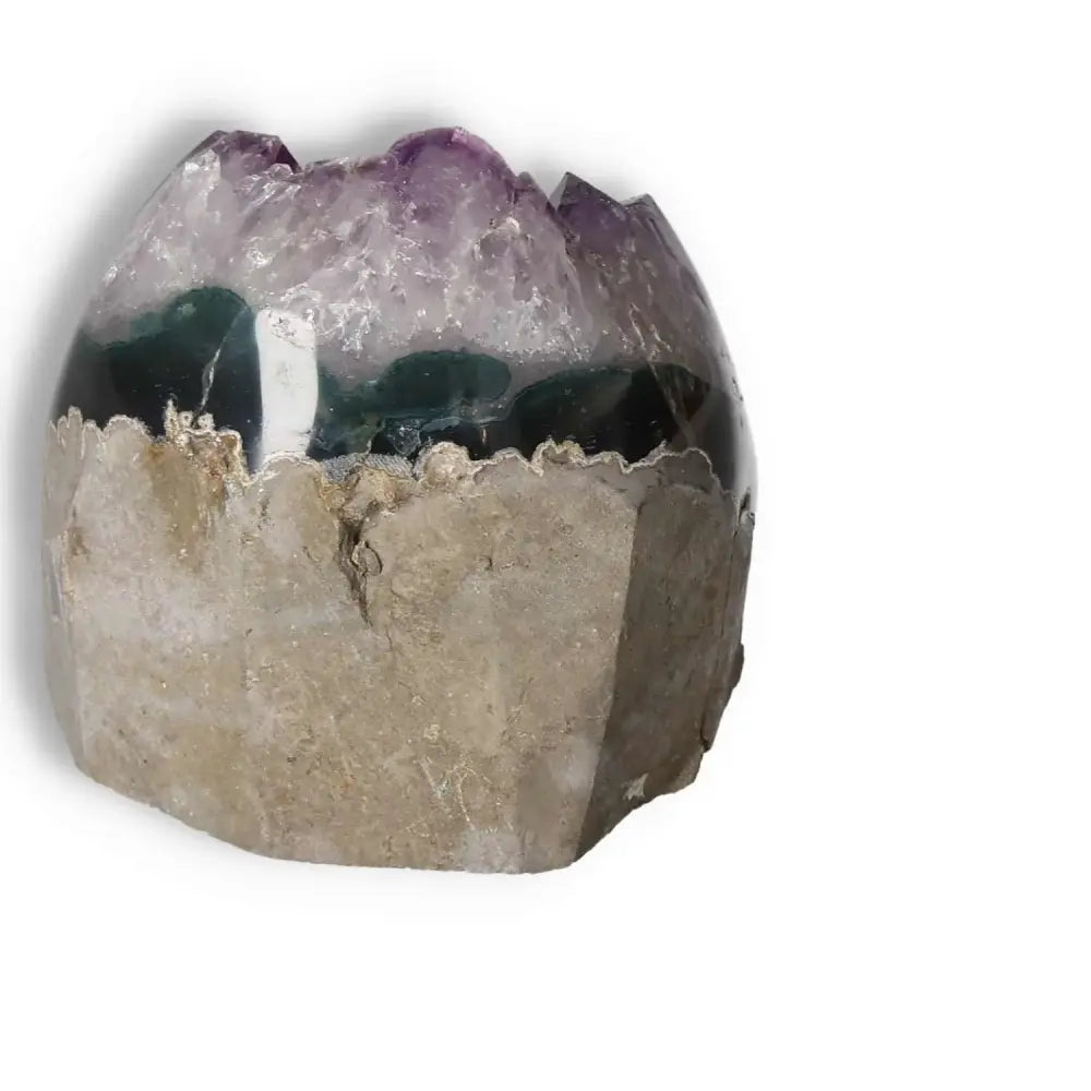 Elegant Amethyst cut base geode from Sylvia Crystals, showcasing premium quality to reduce stress and enhance energy levels.