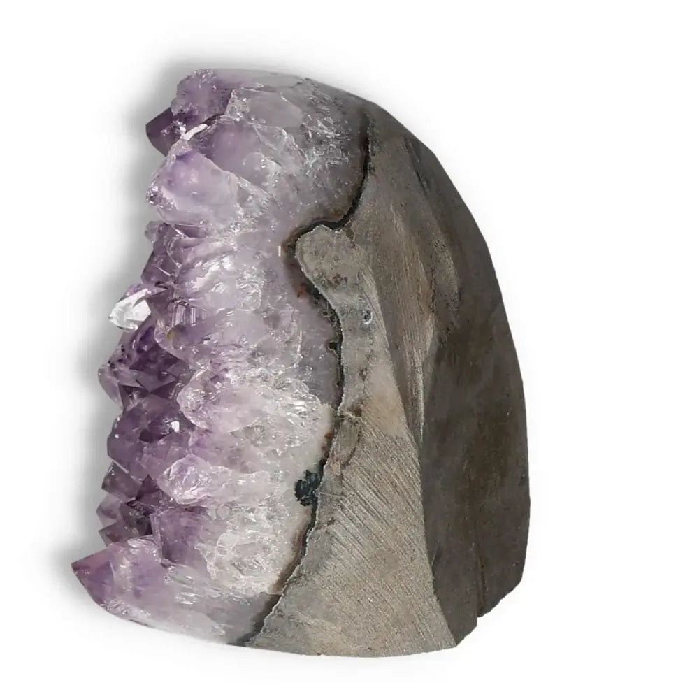 Amethyst cut base geode with rich purple hues and natural crystalline formations from Sylvia Crystals.