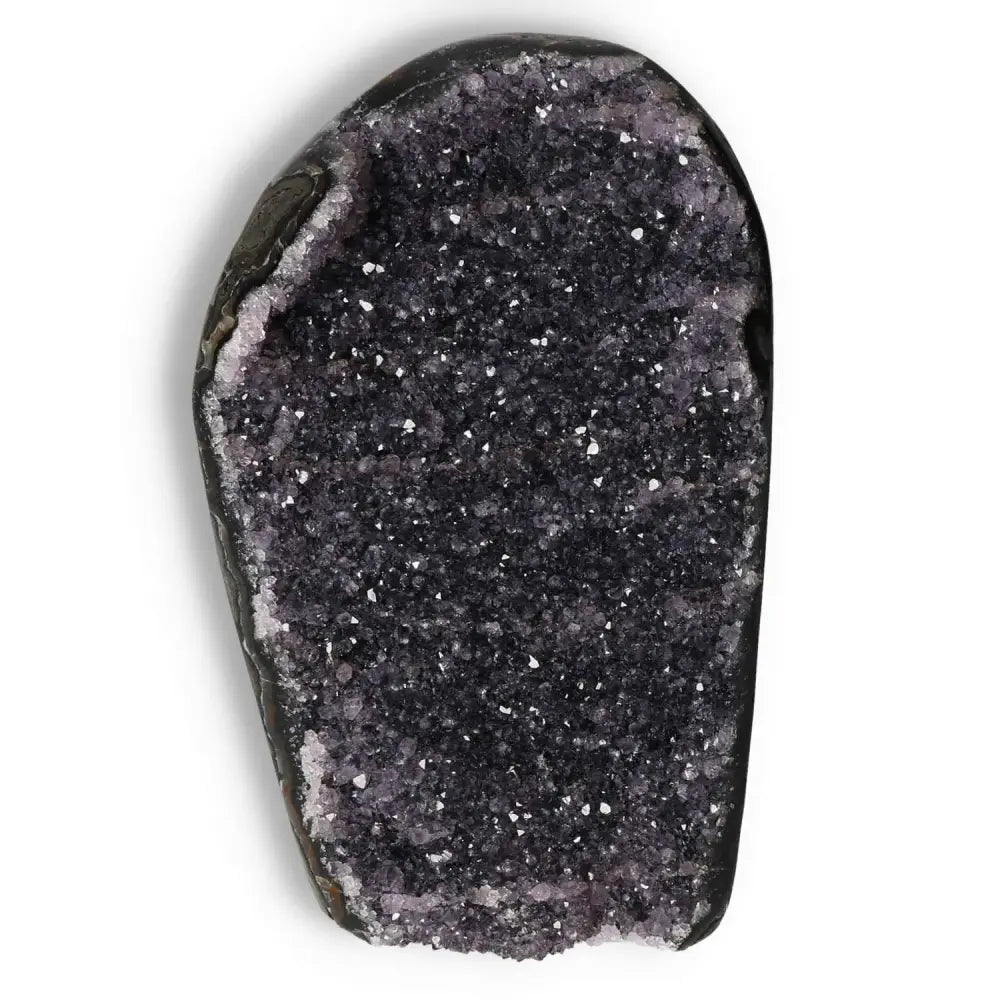 Amethyst cut base geode with deep purple hues from Sylvia Crystals, embodying spiritual elegance and natural beauty.