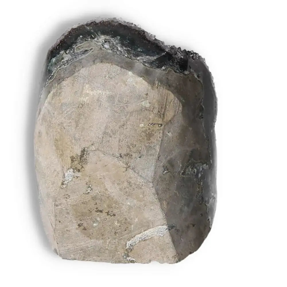 Amethyst cut base geode from Sylvia Crystals, renowned for enhancing concentration and reducing stress, on a white background.