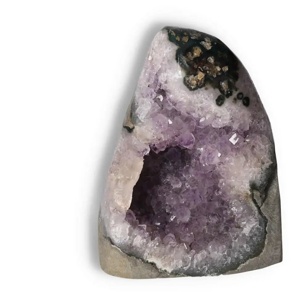 Amethyst cut base geode from Sylvia Crystals, premium quality for beauty and tranquility, stress-relief properties showcased.