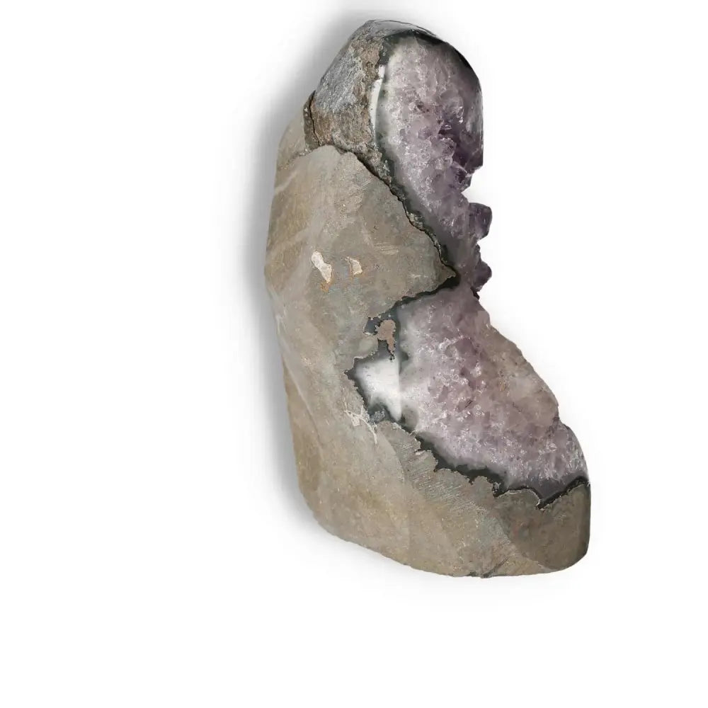 Premium Amethyst cut base geode from Sylvia Crystals, known for stress relief and mental clarity, perfect for home tranquility.